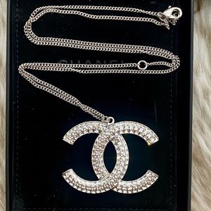 Authentic CHANEL Silver Crystal CC Pendant Necklace